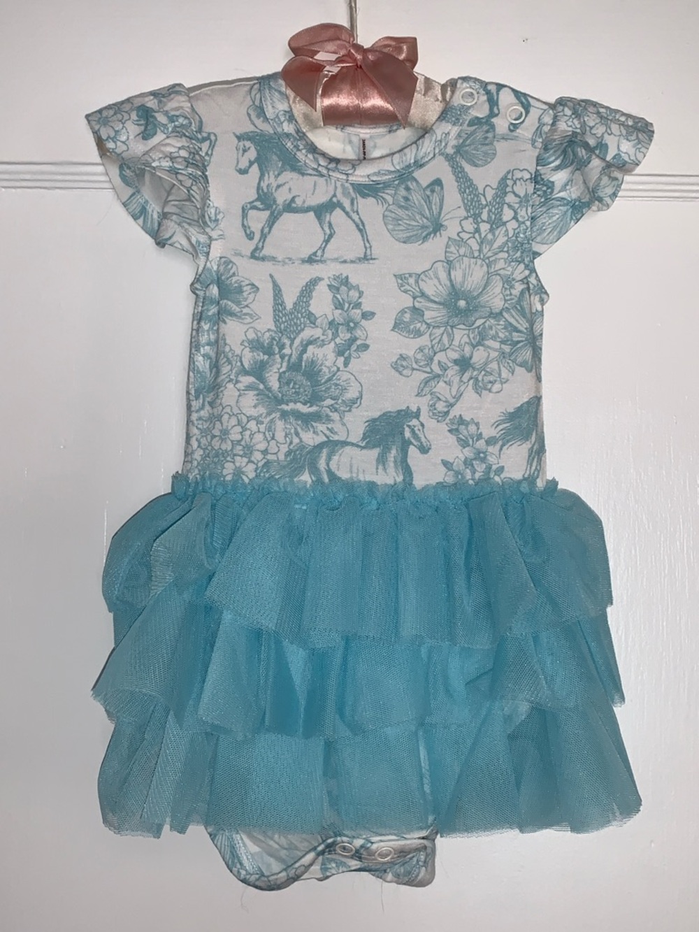 NWT Posh Peanut Charlotte Anne Tulle Skirt Bodysuit Dress 6-12M Blue Horses - Picture 2 of 8